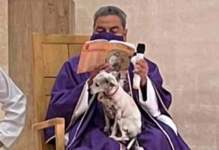 Ksiądz z psem podczas mszy - foto Facebook Defensoria Animalista