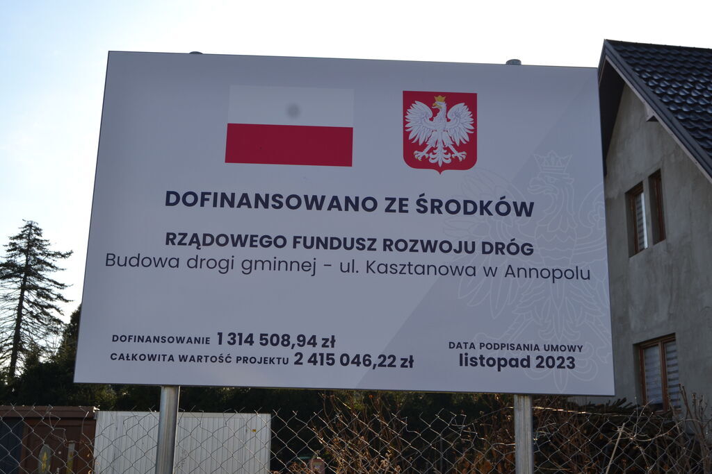 
                                                    ZAKOŃCZENIE REALIZACJI PROJEKTU WSPÓŁFINANSOWANEGO Z RZĄDOWEGO FUNDUSZU ROZWOJU DRÓG – „BUDOWA DROGI GMINNEJ-UL. KASZTANOWA W ANNOPOLU”.
                                                