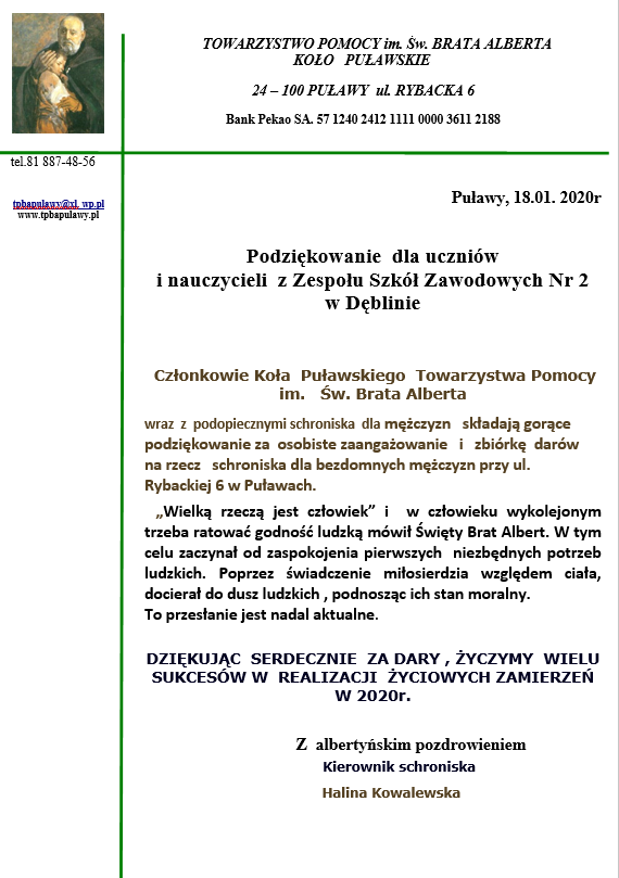 ZSZ nr 2 nie zapomina o bezdomnych w Puławach