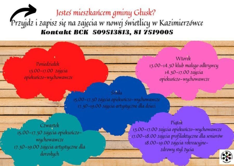
                                                    Plakat: Jesteś mieszkańcem gminy Głusk? Przyjdź i zapisz się na zajęcia w nowej świetlicy w Kazimierzówce Kontakt BCK 509513813, 81 7519005
                                                