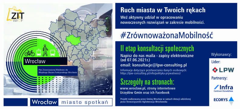 Przypominamy, że trwa II etap konsultacji społecznych dla Planu Zrównoważonej Mobilności dla Miejskiego Obszaru Funkcjonalnego Wrocławia