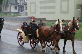 Święty Florian niesiony w deszczu.