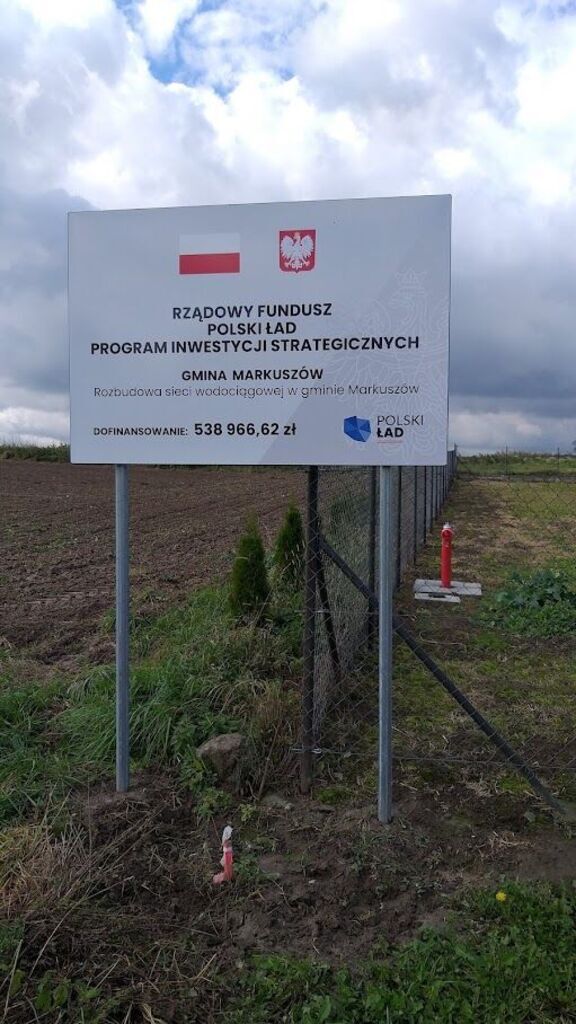 
                                                    Wybudowanie nowej linii wodociągu za cmentarzem w Markuszowie oraz połączenie wodociągów Markuszów i Góry.  Wartość 567 333 zł, dotacja 538 966zł - Polski Ład.
                                                