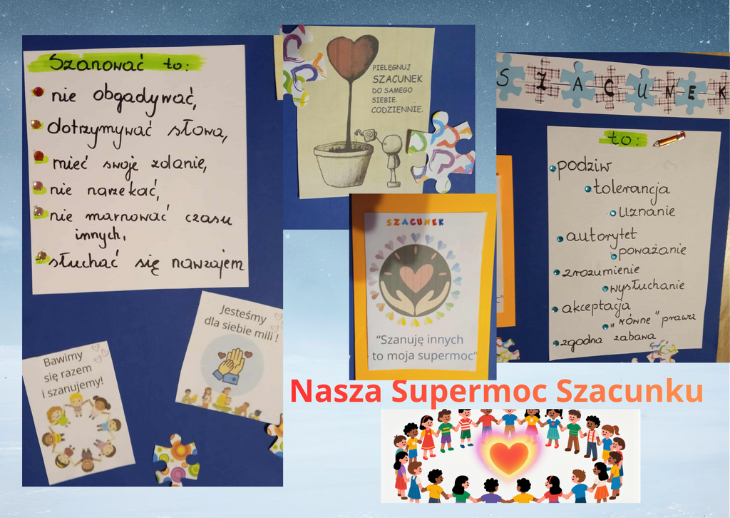 
                                                    Na kolażu widoczne są kolorowe plakaty z napisami o szacunku. Jeden z nich zawiera zasady szanowania innych, inny ilustruje ideę, że 