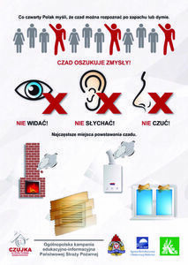 Plakat informacyjny kampanii "Czujka na straży Twojego bezpieczeństwa" ostrzega, że czad jest niewyczuwalny przez zmysły. Pokazuje ikony oka, ucha i nosa z krzyżykami oraz ilustracje domu, książek i okien.