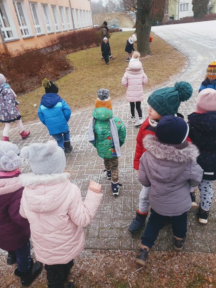 Przedszkolaki dokarmiają ptaki zimą