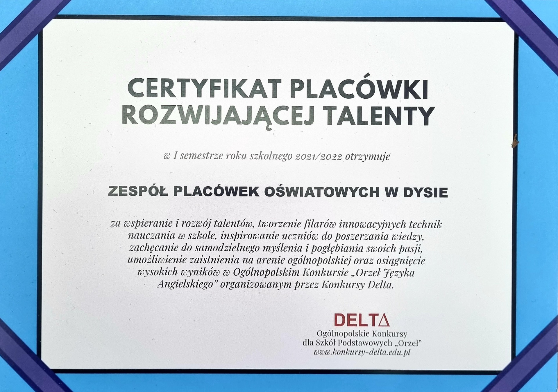 Certyfikat Placówki Rozwijającej Talenty