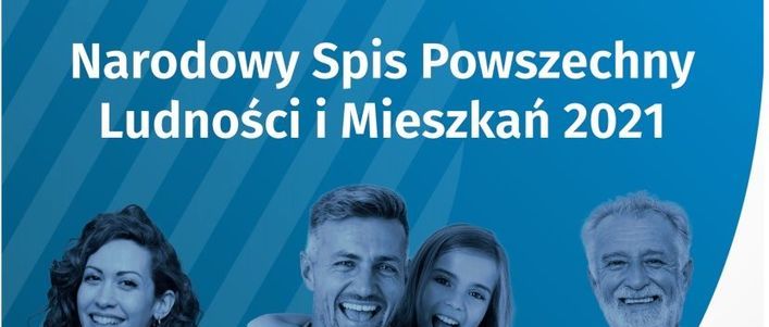 Uśmiechnięte osoby i napis Narodowy Spis Powszechny Ludności i Mieszkań 2021