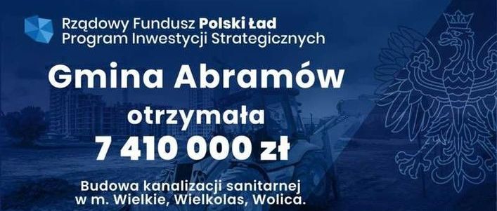 Tablica z informacją Gmina Abramów otrzymała 7410 000 zł