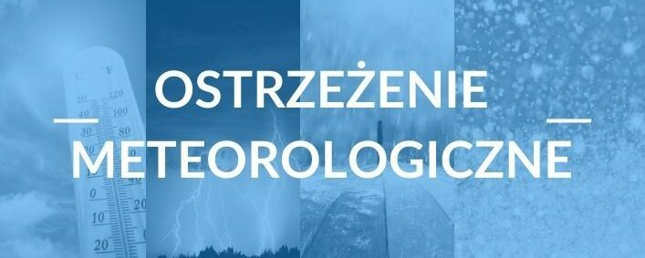 Baner o tematyce pogodowej z tekstem "OSTRZEŻENIE METEOROLOGICZNE", na którym widoczne są elementy związane z zimnem: termometr, zamieć śnieżna i góry.
