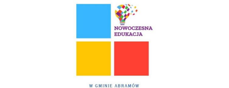 Logo programu "Nowoczesna Edukacja w Gminie Abramów" składające się z czterech kwadratów w kolorach niebieskim, żółtym, czerwonym i niebieskim z grafiką balonu na gorące powietrze wypełnionego kolorowymi wzorami.