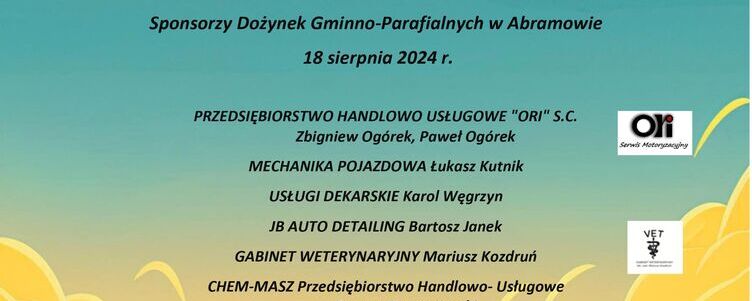 Plakat w złotych i niebieskich barwach z wykazem sponsorów wydarzenia muzycznego, z logotypami firm i organizacji wspierających imprezę.