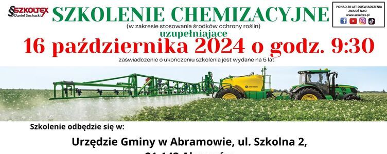 Plakat informacyjny o szkoleniu chemicznym z datą "16 października 2024 o godz. 9:30", zawierającym zdjęcie traktora opryskującego pole, dane kontaktowe i adres miejsca szkolenia.