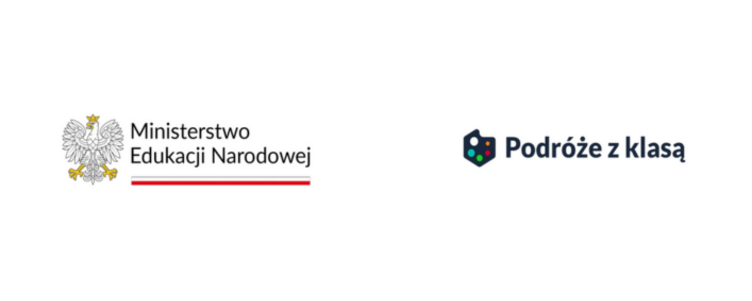 Logo Ministerstwa Edukacji Narodowej z orłem w koronie oraz napis "Podróże z klasą" z graficznym akcentem w postaci samolotu.