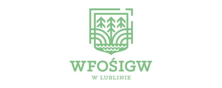 Logo Wojewódzkiego Funduszu Ochrony Środowiska i Gospodarki Wodnej w Lublinie, z zielonymi drzewami, falami i książką w centrum.