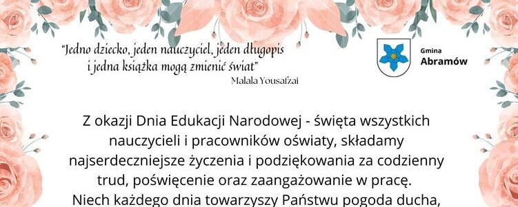 Zdjęcie przedstawia certyfikat z grafiką kwiatową w prawym górnym rogu, zawierający cytat Malali Yousafzai i życzenia od Urzędu Gminy Abramów.