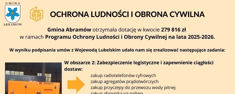 Otrzymano dotację w wysokości 279,816 zł na program ochrony cywilnej. Zakupy obejmują defibrylatory, namioty, prądotwórcze agregaty oraz radiotelefony. Celem są zabezpieczenia logistyczne i edukacja szkoleniowa.
