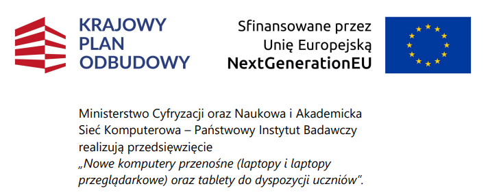 Grafika przedstawia logo Krajowego Planu Odbudowy oraz flagę Unii Europejskiej. Informuje o projekcie rozprowadzania sprzętu komputerowego dla uczniów, finansowanym przez UE w kwocie 1 410 000,00 PLN.
