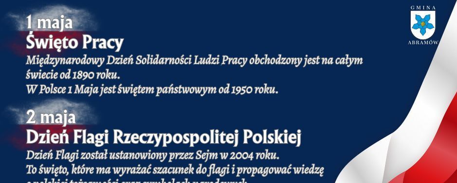 Grafika związana z majowymi świętami. Zawiera opisy Święta Pracy (1 maja), Dnia Flagi Rzeczypospolitej Polskiej (2 maja) i Rocznicy Uchwalenia Konstytucji 3 Maja, z elementami biało-czerwonymi.