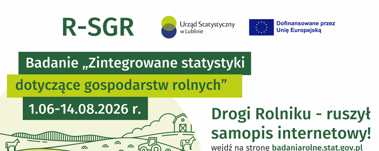 Plakat informacyjny "Badanie Zintegrowane statystyki dotyczące gospodarstw rolnych" z datami 1.06-14.08.2026 r. Zachęca rolników do wypełnienia samopisu internetowego, wspomniano wsparcie UE.