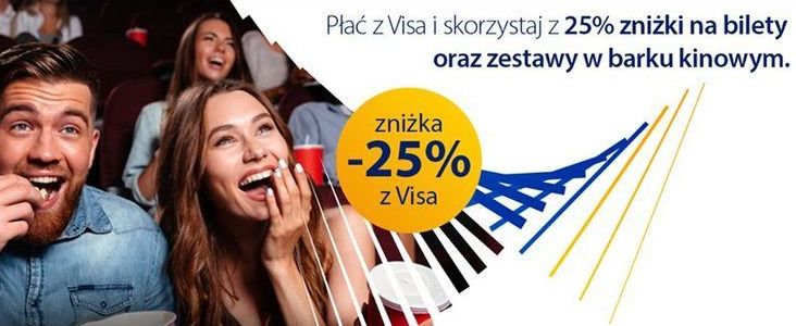 Grafika zdjęcie osób w kinie z napisem 	
Płać z Visa i skorzystaj z 25% zniżki na bilety oraz zestawy w barku kinowym. zniżka -25% z Visa