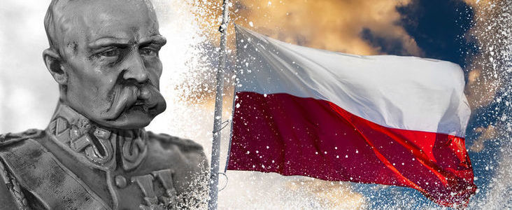 Grafika plakatu - Józef Piłsudski oraz flaga polski