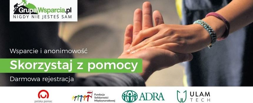 Grafika Plakat  GrupaWsparcia.pl NIGDY NIE JESTEŚ SAM Wsparcie i anonimowość Skorzystaj z pomocy Darmowa rejestracja
