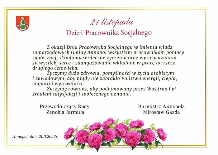 Obraz przedstawia kartkę z życzeniami z okazji Dnia Pracownika Socjalnego, ozdobioną grafiką róż w dolnej części i herbem miasta u góry po lewej stronie.