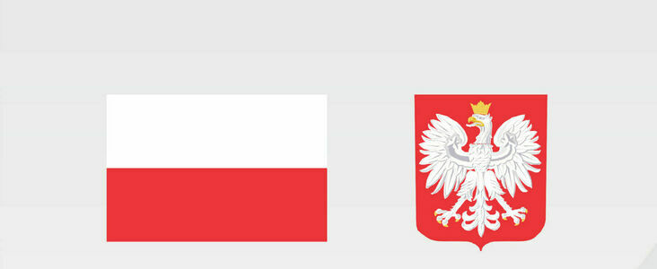 Flaga Polski z białym i czerwonym pasem oraz czerwona tarcza herbowa z białym orłem w koronie.