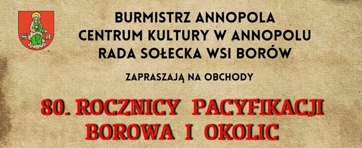 Plakat informacyjny o 80. rocznicy pacifikacji wsi Solec, wydarzeniu historycznym, z czerwonymi i białymi elementami, datami i szczegółami dotyczącymi obchodów.