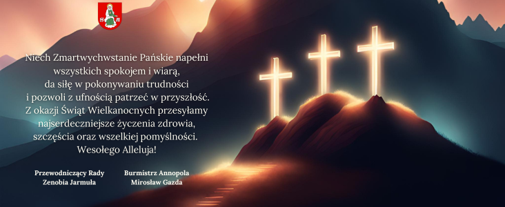 Trzy krzyże na wzgórzu o zachodzie słońca z cieniami, górzysty krajobraz w tle, wizerunek orła w lewym górnym rogu, polski tekst życzeń.