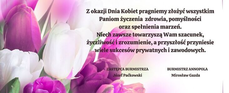 Obraz przedstawia bukiet różowych i fioletowych tulipanów z życzeniami na Dzień Kobiet oraz nazwiska osób składających życzenia na białym tle.