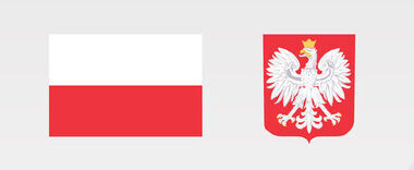 Flaga Polski z lewej strony: biały i czerwony poziomy pas. Herb Polski z prawej: biały orzeł z koroną na czerwonym tle.