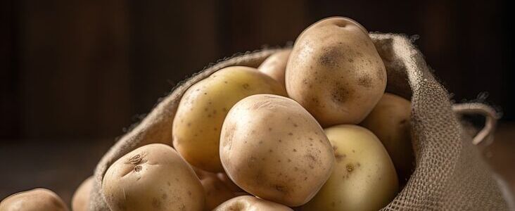 Stos ziemniaków wylewających się z jutowego worka na drewnianym stole, w ciepłym, miękkim świetle.