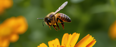 Pszczoła w locie zbliża się do pomarańczowych kwiatów na rozmytym zielonym tle.