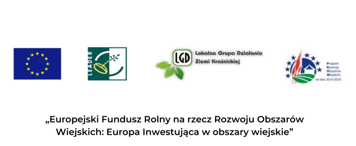 Logotypy dofinansowania i napis „Europejski Fundusz Rolny na rzecz Rozwoju Obszarów Wiejskich: Europa Inwestująca w obszary wiejskie”