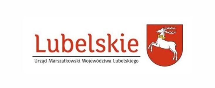 Logo Urzędu Marszałkowskiego Województwa Lubelskiego z napisem "Lubelskie" obok czerwonej tarczy herbowej z białym jeleniem.