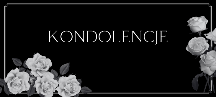 Czarna żałobna kartka z białym napisem "KONDOLENCJE" w centrum i białymi różami w dolnych rogach.