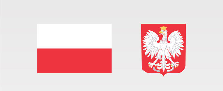 Flaga Polski z białym i czerwonym poziomym pasem obok godła Polski - białego orła w koronie na czerwonym tle.