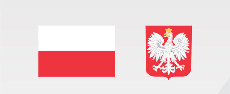 Flaga Polski z białym i czerwonym poziomym pasem obok herb Polski z białym orłem w koronie na czerwonym tle.