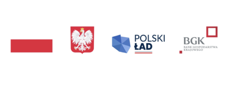 Logo Polski bez elementów graficznych, herb Polski z białym orłem na czerwonym tle, logo programu "Polski Ład", logo Banku Gospodarstwa Krajowego (BGK).
