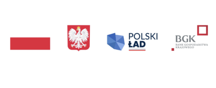 Logo Polski bez elementów graficznych, herb Polski z białym orłem na czerwonym tle, logo programu "Polski Ład", logo Banku Gospodarstwa Krajowego (BGK).