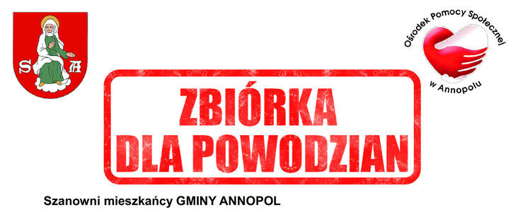 Plakat informacyjny ogłaszający zbiórkę dla poszkodowanych w wyniku powodzi. Zawiera listę artykułów potrzebnych do darowizny, daty zbiórki oraz informacje kontaktowe z czerwonymi i czarnymi elementami graficznymi, w tym logo organizacji.