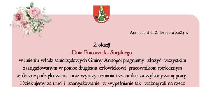 Obraz przedstawia eleganckie, różowe życzenia z kwiatowym motywem i oficjalnym tekstem w języku polskim, wyrażającym podziękowanie za pracę.