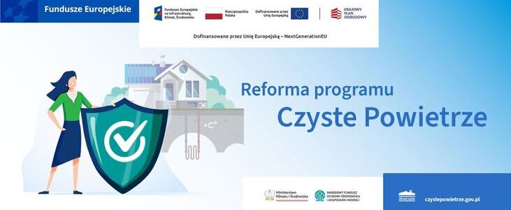 Baner promocyjny programu "Czyste Powietrze" z grafiką kobiety obok domu i tarczy ochronnej, logotypy instytucji i adres strony internetowej.