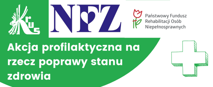 Plakat informacyjny zachęcający rolników do udziału w akcji profilaktycznej poprawy zdrowia. Zawiera logo KRUS i NFZ, informacje o miejscu, terminie oraz oferowanych badaniach i przestrzeganiu zasad zdrowia.