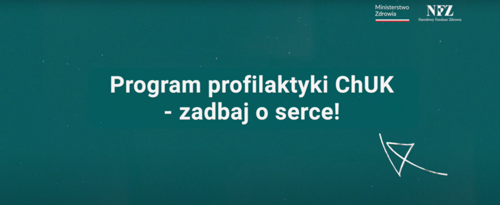 Zielone tło z białym tekstem informującym o programie profilaktyki chorób układu krążenia. W prawym górnym rogu logotypy Ministerstwa Zdrowia i NFZ oraz doodle strzałki na dole.