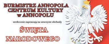 Plakat zapowiadający obchody Święta Narodowego 3 Maja w Annopolu. Zawiera harmonogram wydarzeń, w tym mszę, przemarsz pod pomnik oraz koncert pieśni patriotycznych. Na plakacie znajduje się też herb Polski.