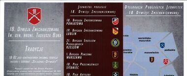 Plakat promujący 18. Dywizję Zmechanizowaną z mapą Polski. Zawiera tekst o jednostkach, tradycjach i zadaniach Dywizji oraz herby jednostek. Na dole zdjęcie czołgu, w tle ciemne tło.