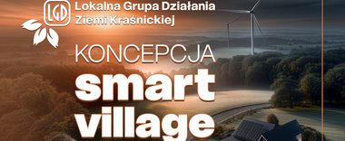Plakat promocyjny wydarzenia "Koncepcja Smart Village". Zawiera informacje o lokalizacji, dacie i godzinie. Grafika przedstawia gospodarza na polu z tabletem, tło z domami i barwami jesieni.
